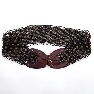 Vintage Anne Klein Chunky Wood Beaded Belt Leather Macrame Size L/XL
